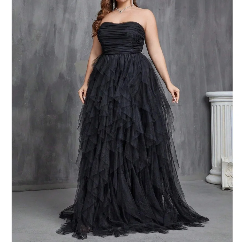 knee length dresses for ladies Gothic Black Mesh Dress with Rivet Waist and Layered Hem